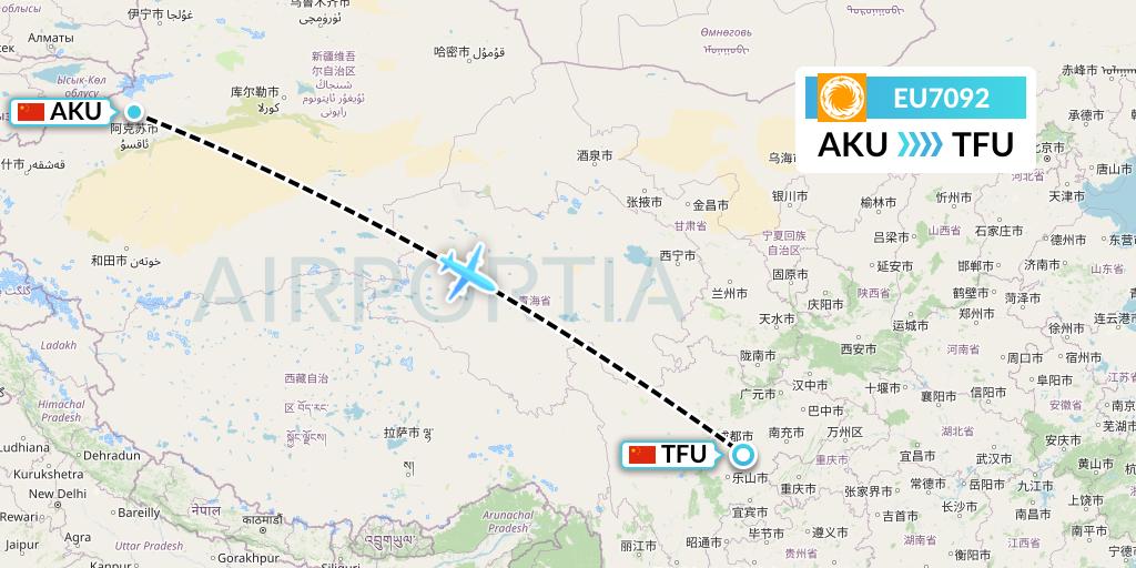 EU7092 Chengdu Airlines Flight Map: Aksu to Chengdu