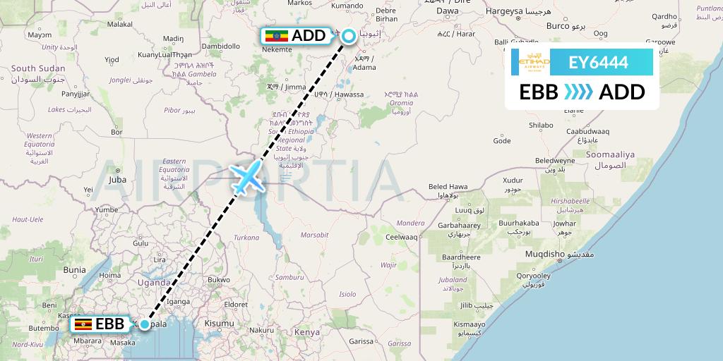 EY6444 Etihad Airways Flight Map: Entebbe to Addis Ababa