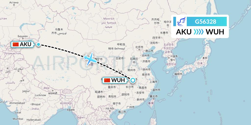 G56328 China Express Airlines Flight Map: Aksu to Wuhan