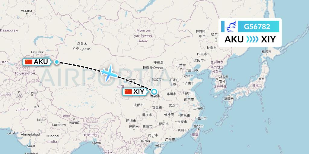 G56782 China Express Airlines Flight Map: Aksu to Xi'an