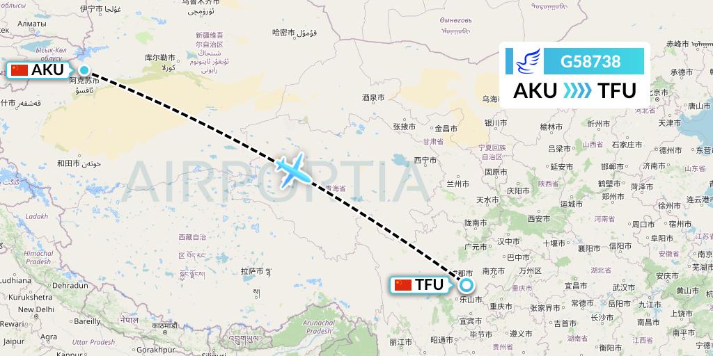 G58738 China Express Airlines Flight Map: Aksu to Chengdu