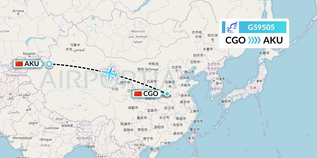 G59505 China Express Airlines Flight Map: Zhengzhou to Aksu