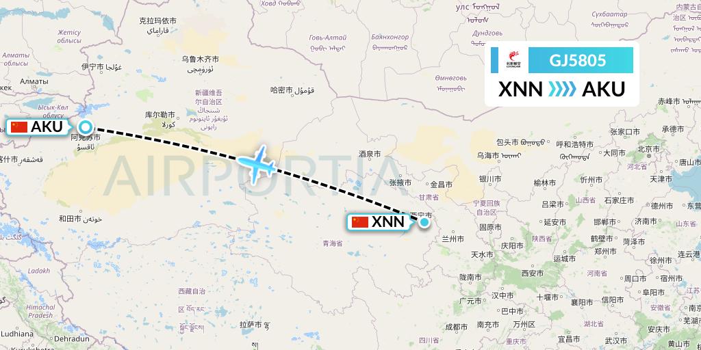 GJ5805 Loong Airlines Flight Map: Xining to Aksu