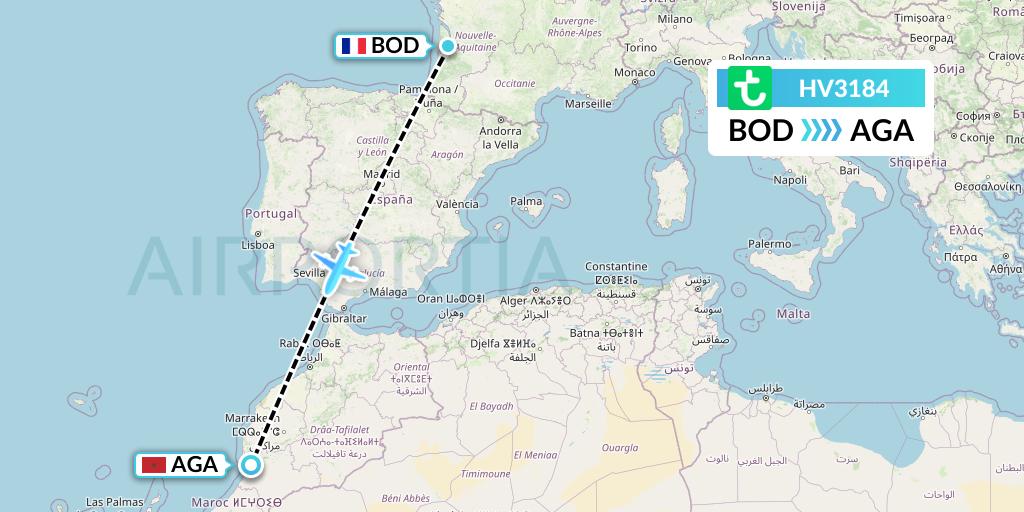HV3184 Transavia Flight Map: Bordeaux to Agadir