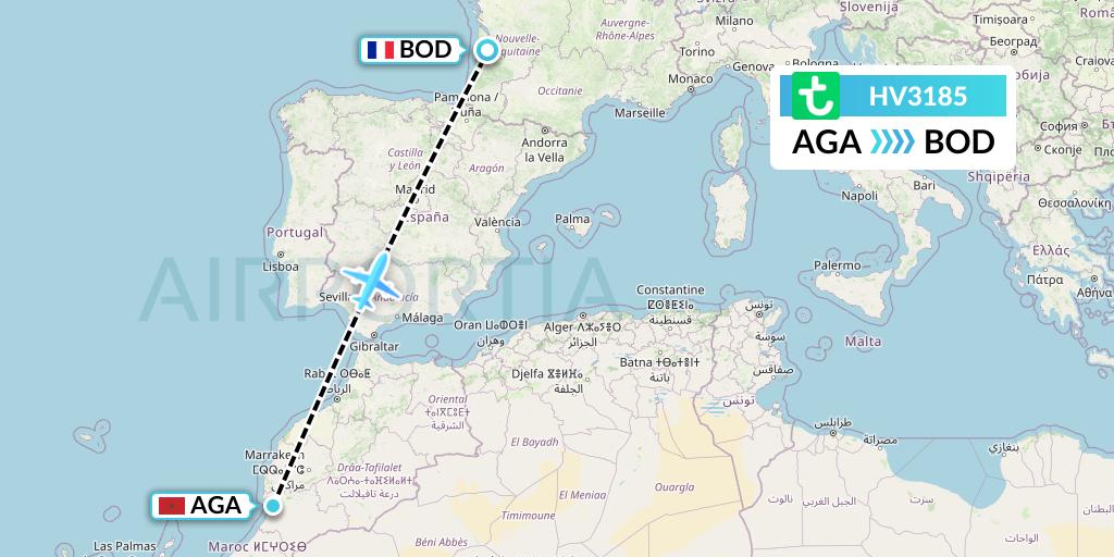 HV3185 Transavia Flight Map: Agadir to Bordeaux
