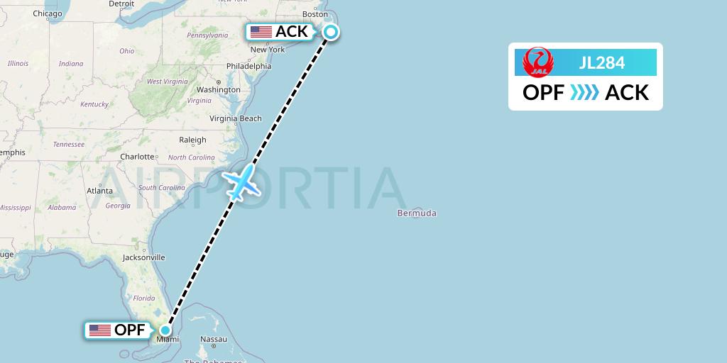 JL284 Japan Airlines Flight Map: Miami to Nantucket