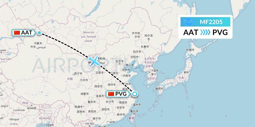 MF2205 Xiamen Airlines Flight Map: Altay to Shanghai