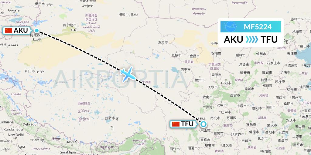 MF5224 Xiamen Airlines Flight Map: Aksu to Chengdu