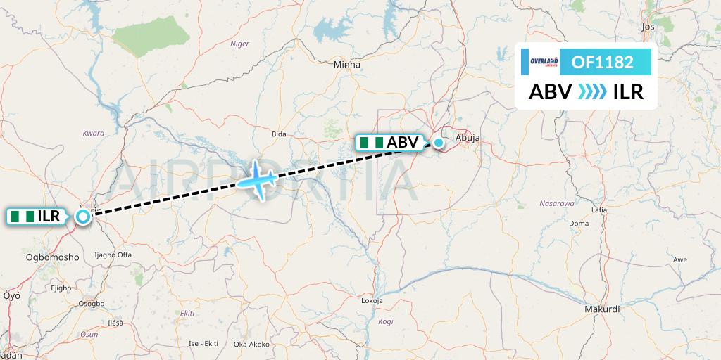 OF1182 Overland Airways Flight Map: Abuja to Ilorin