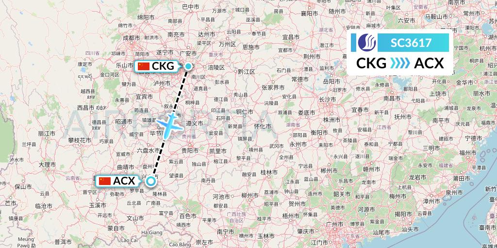 SC3617 Shandong Airlines Flight Map: Chongqing to Xingyi