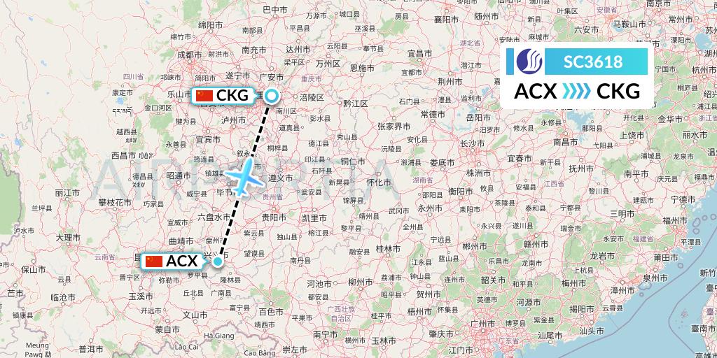 SC3618 Shandong Airlines Flight Map: Xingyi to Chongqing
