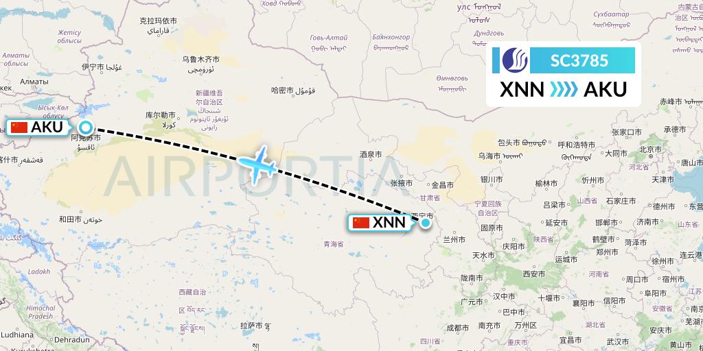 SC3785 Shandong Airlines Flight Map: Xining to Aksu