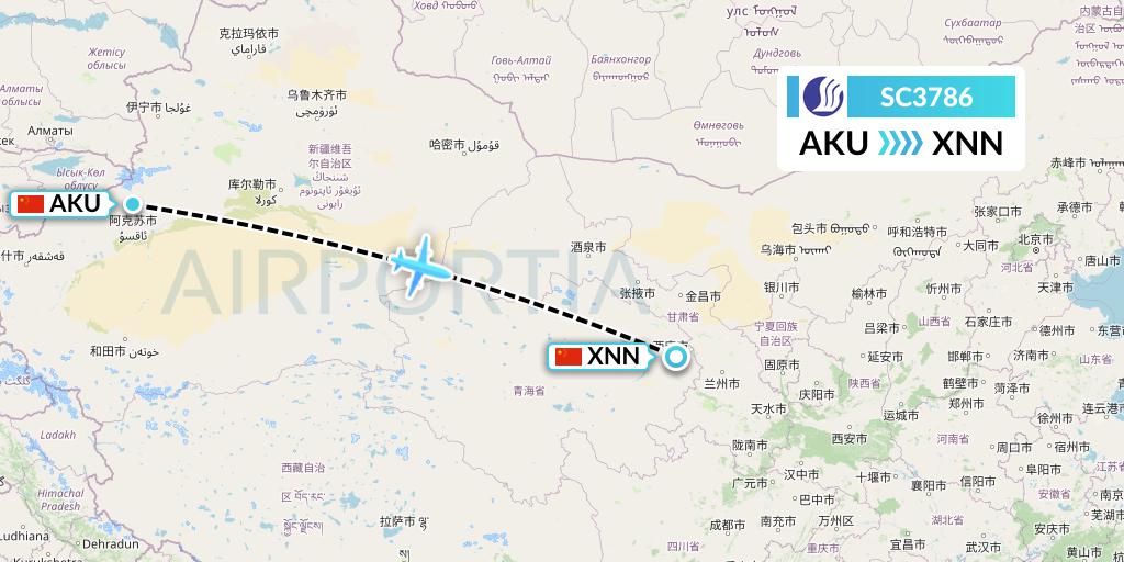 SC3786 Shandong Airlines Flight Map: Aksu to Xining