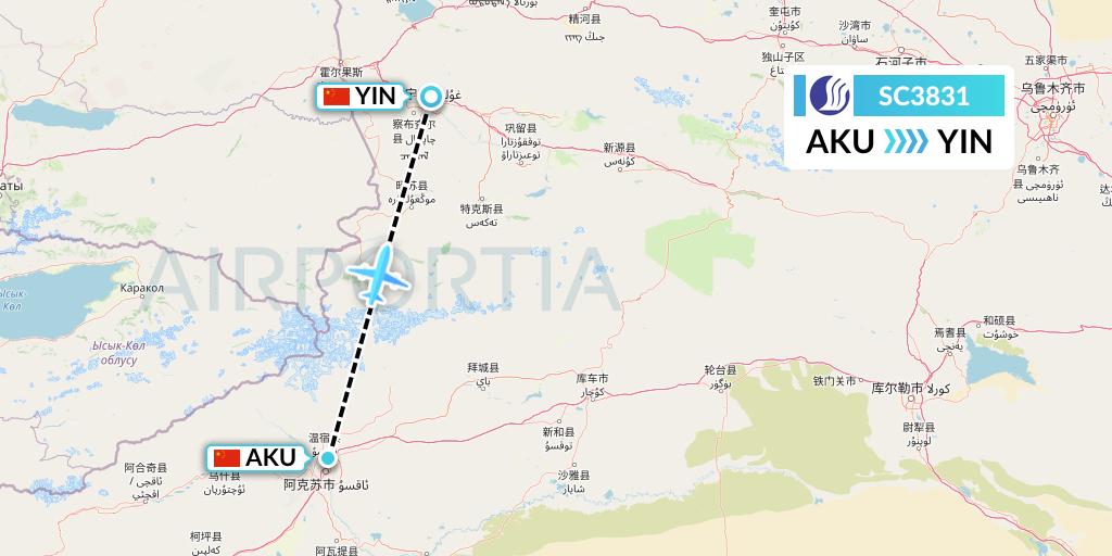 SC3831 Shandong Airlines Flight Map: Aksu to Yining