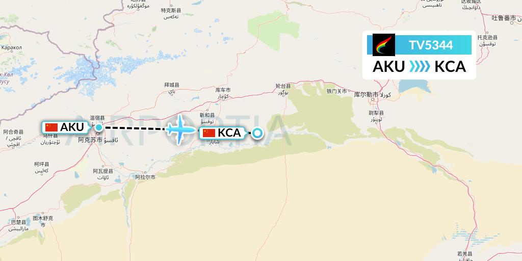 TV5344 Tibet Airlines Flight Map: Aksu to Kuqa