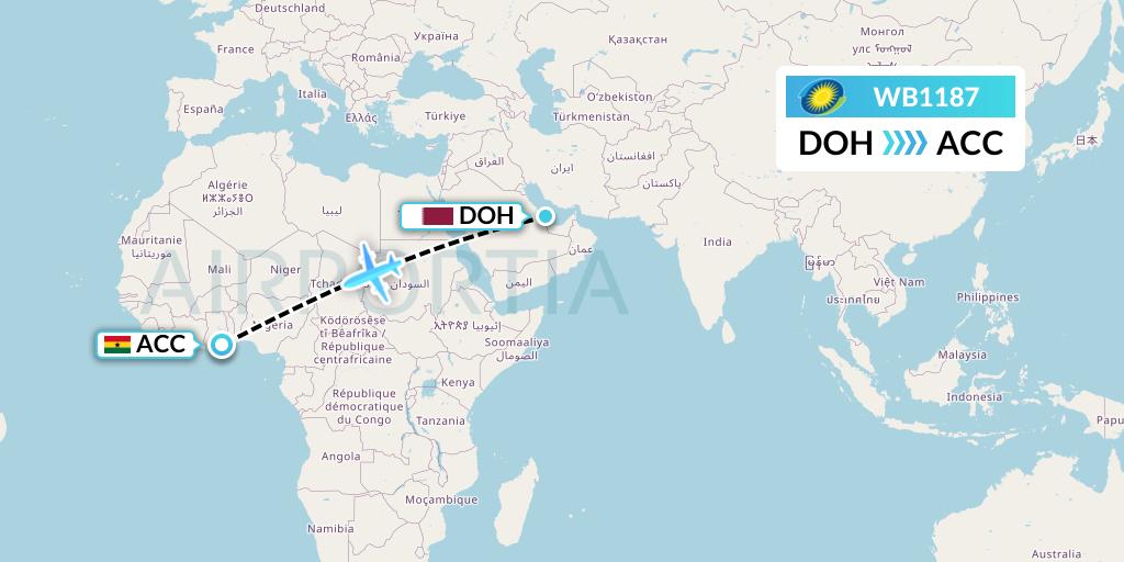 WB1187 RwandAir Flight Map: Doha to Accra