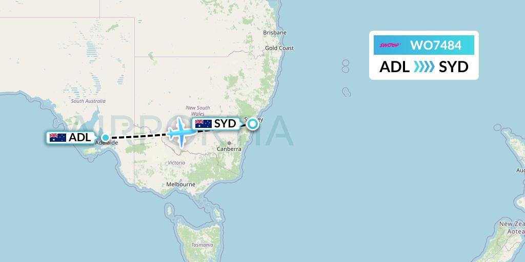 WO7484 Swoop Flight Map: Adelaide to Sydney
