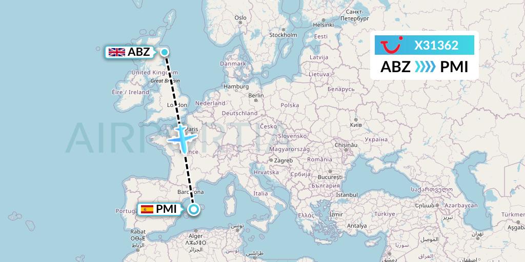 X31362 TUI fly Germany Flight Map: Aberdeen to Palma de Mallorca