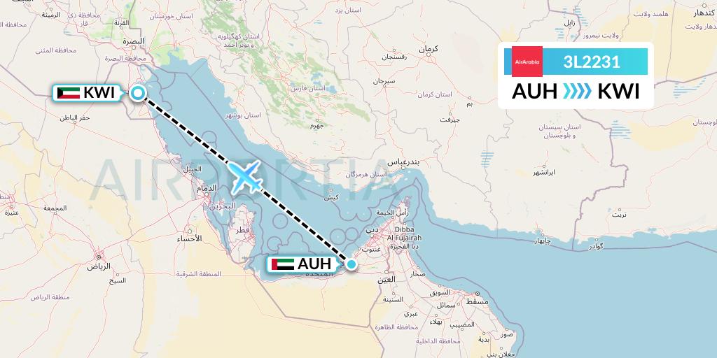 3L2231 Air Arabia Abu Dhabi Flight Map: Abu Dhabi to Kuwait City