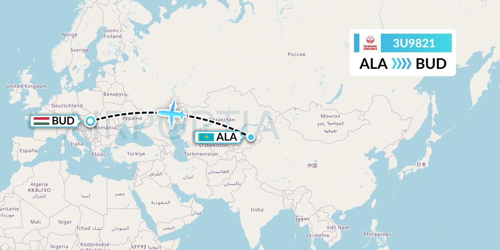 3U9821 Sichuan Airlines Flight Map: Almaty to Budapest