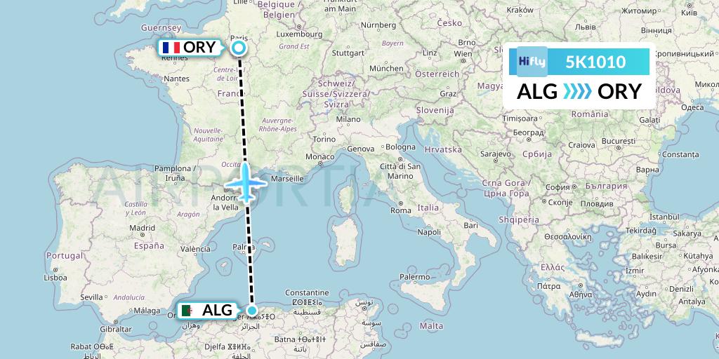5K1010 Hi Fly Flight Map: Algiers to Paris
