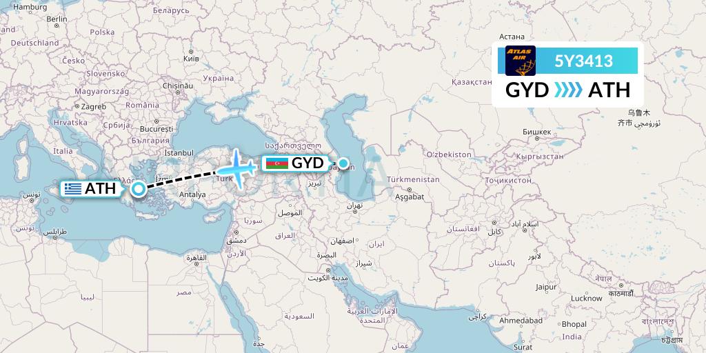5Y3413 Atlas Air Flight Map: Baku to Athens