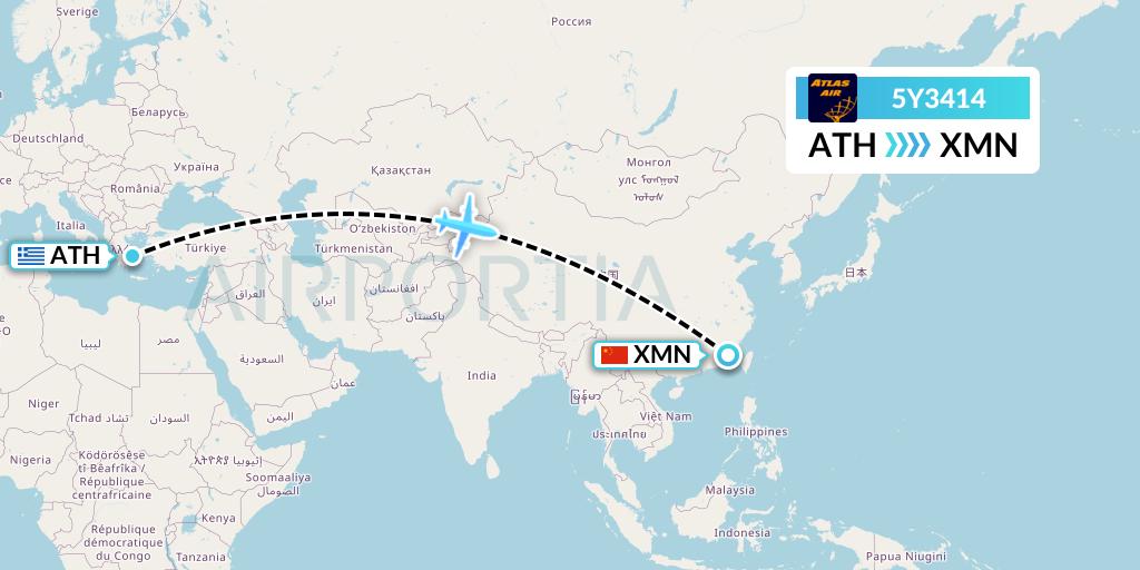 5Y3414 Atlas Air Flight Map: Athens to Xiamen