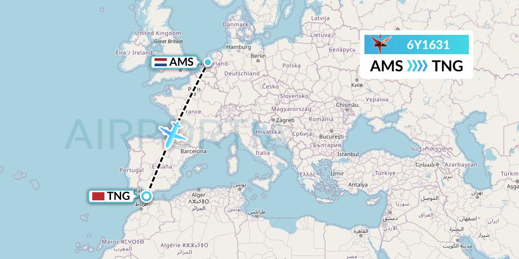 6Y1631 SmartLynx Flight Map: Amsterdam to Tangier