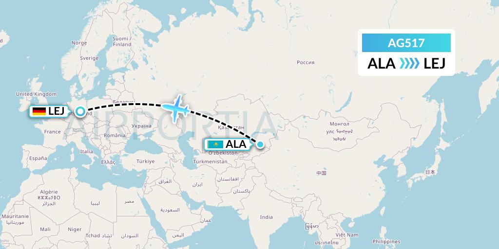 AG517 Aruba Airlines Flight Map: Almaty to Leipzig