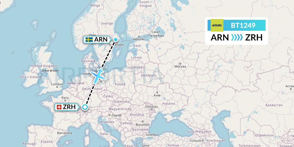BT1249 Air Baltic Flight Map: Stockholm to Zurich