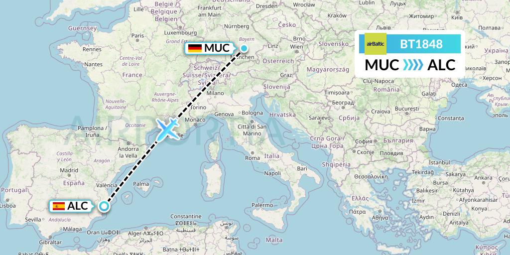 BT1848 Air Baltic Flight Map: Munich to Alicante