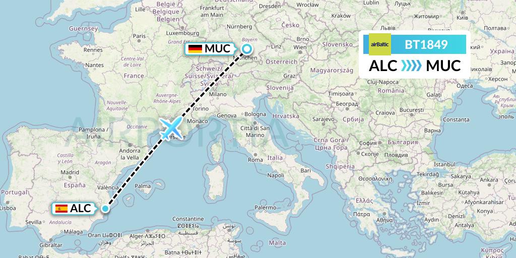 BT1849 Air Baltic Flight Map: Alicante to Munich