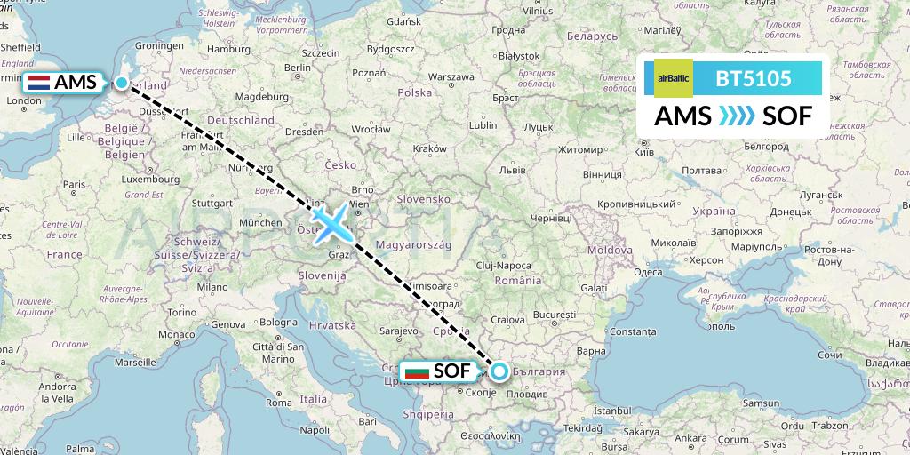 BT5105 Air Baltic Flight Map: Amsterdam to Sofia