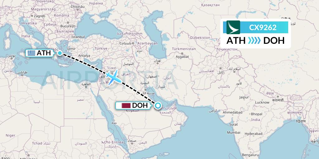CX9262 Cathay Pacific Flight Map: Athens to Doha