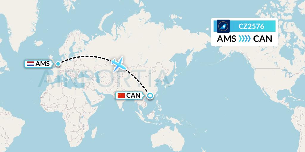 CZ2576 China Southern Airlines Flight Map: Amsterdam to Guangzhou