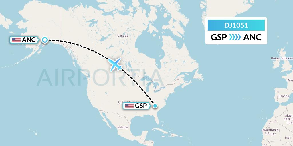 DJ1051 Air Djibouti Flight Map: Greenville-Spartanburg to Anchorage