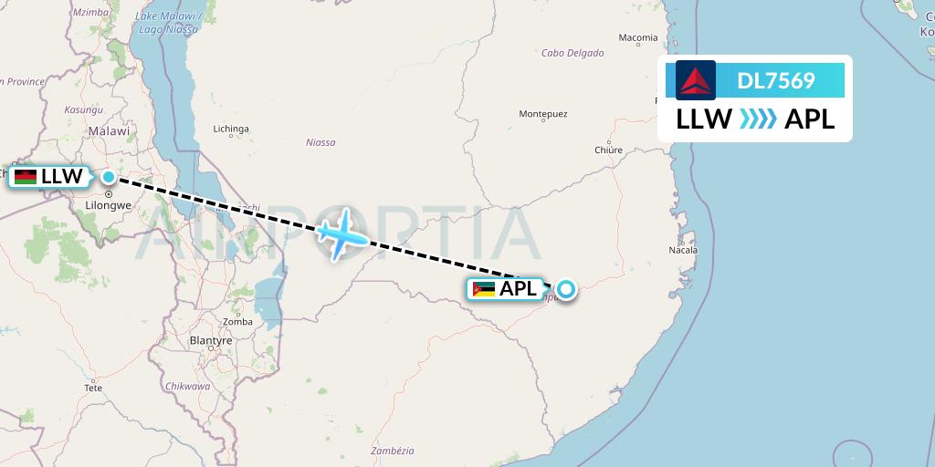 DL7569 Delta Air Lines Flight Map: Lilongwe to Nampula