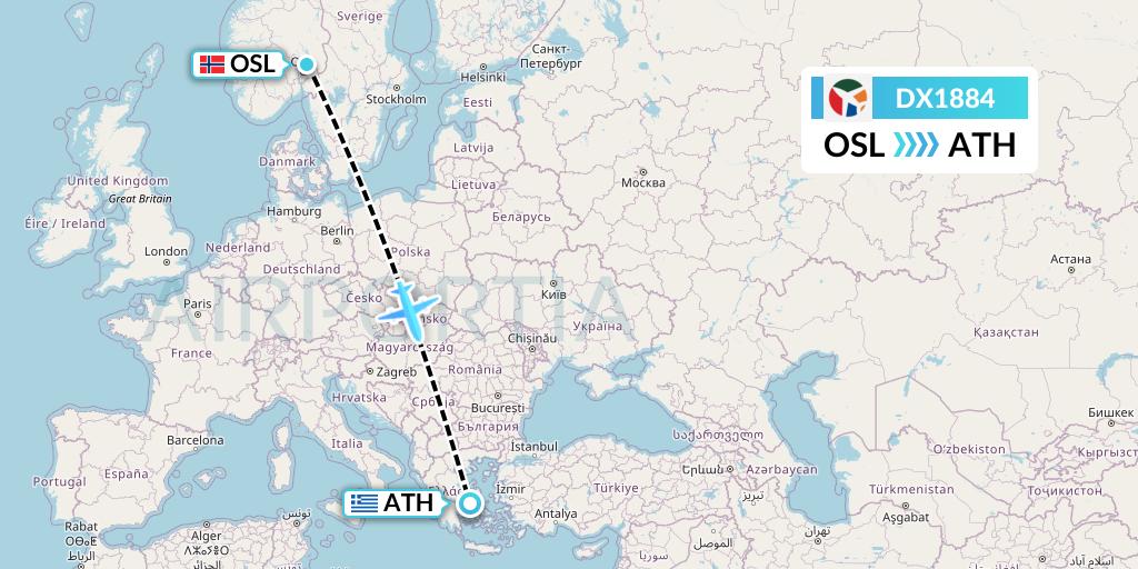 DX1884 Danish Air Transport Flight Map: Oslo to Athens