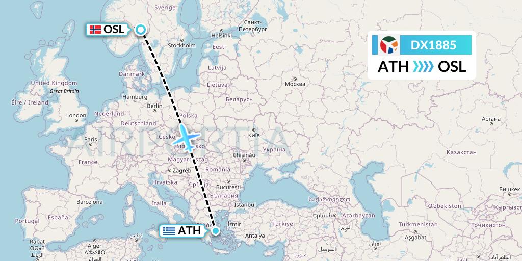 DX1885 Danish Air Transport Flight Map: Athens to Oslo