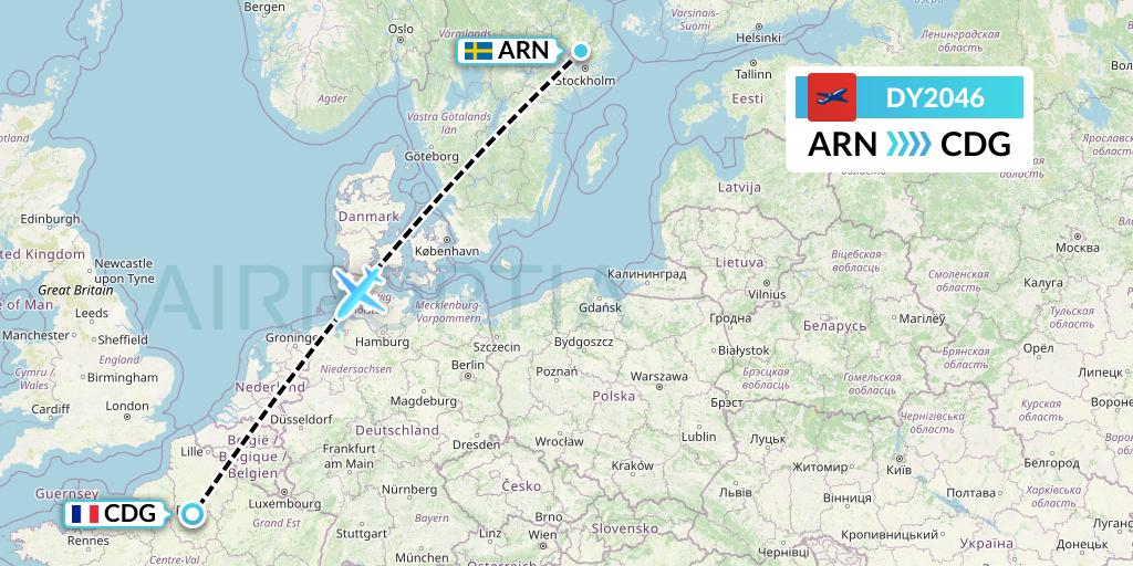 DY2046 Norwegian Flight Map: Stockholm to Paris