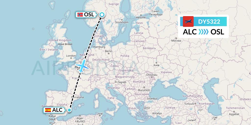 DY5322 Norwegian Flight Map: Alicante to Oslo