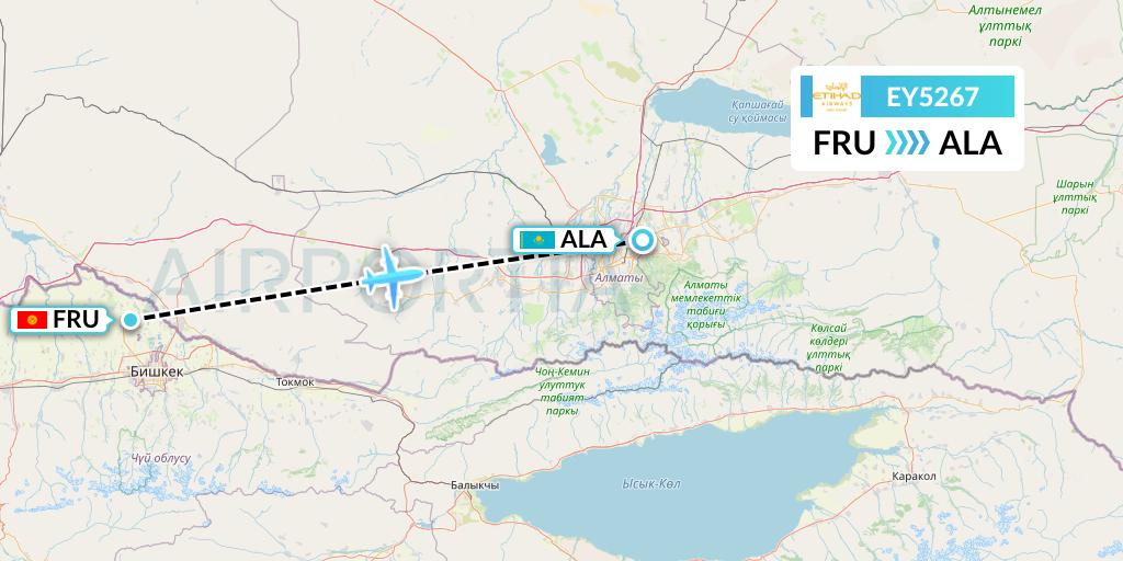 EY5267 Etihad Airways Flight Map: Bishkek to Almaty