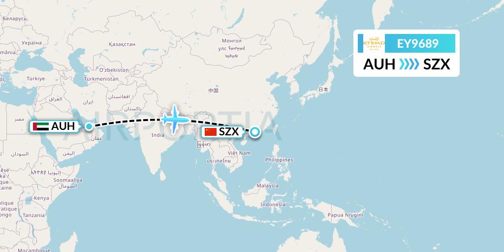 EY9689 Etihad Airways Flight Map: Abu Dhabi to Shenzhen
