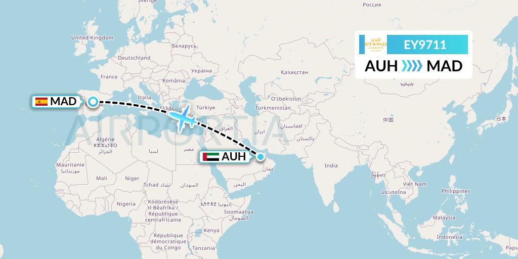 EY9711 Etihad Airways Flight Map: Abu Dhabi to Madrid