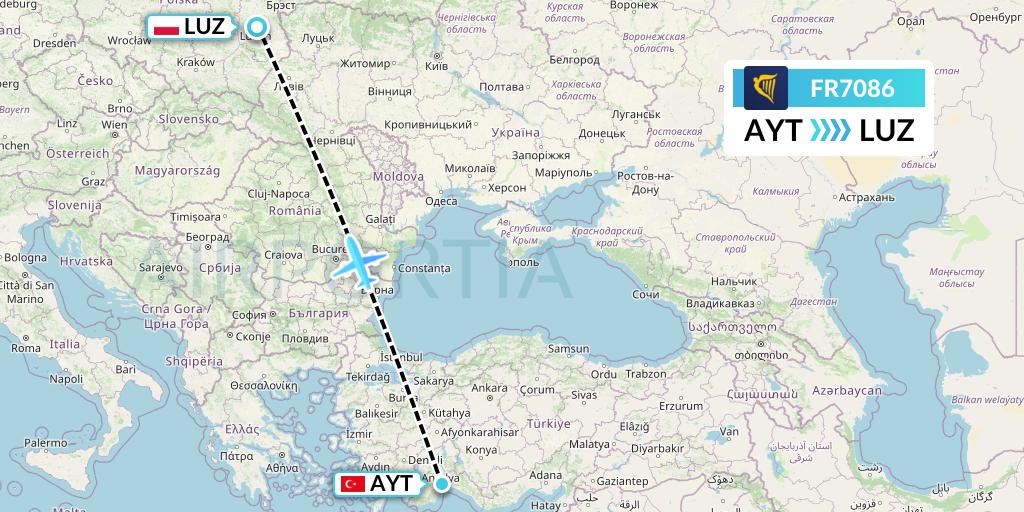 FR7086 Ryanair Flight Map: Antalya to Lublin