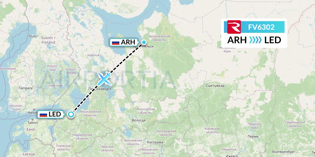 FV6302 Rossiya Flight Map: Arkhangelsk to St. Petersburg