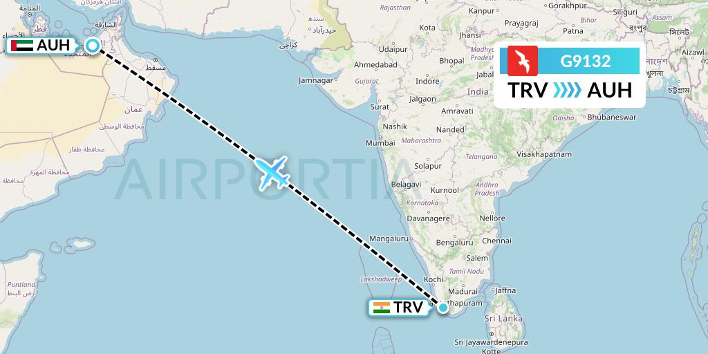 G9132 Air Arabia Flight Map: Thiruvananthapuram to Abu Dhabi