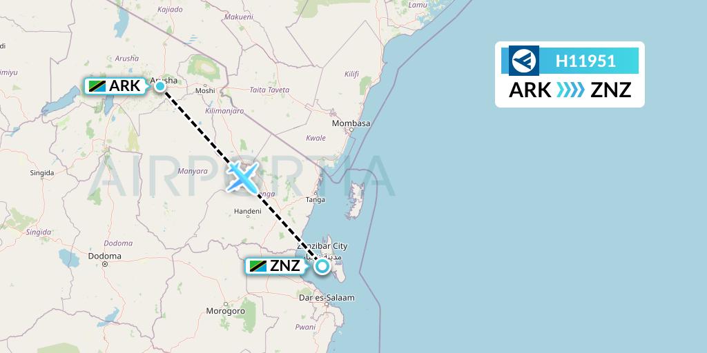 H11951 Hahn Air Systems Flight Map: Arusha to Zanzibar