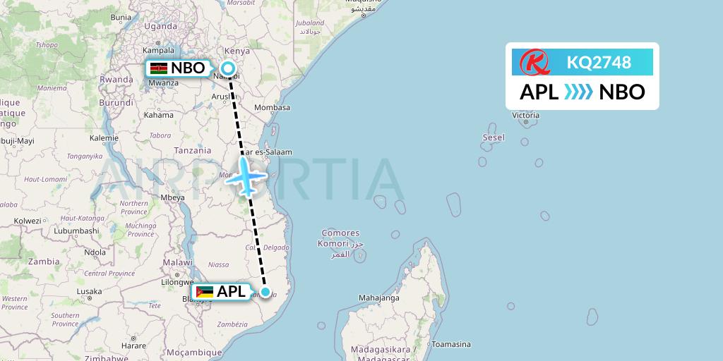KQ2748 Kenya Airways Flight Map: Nampula to Nairobi