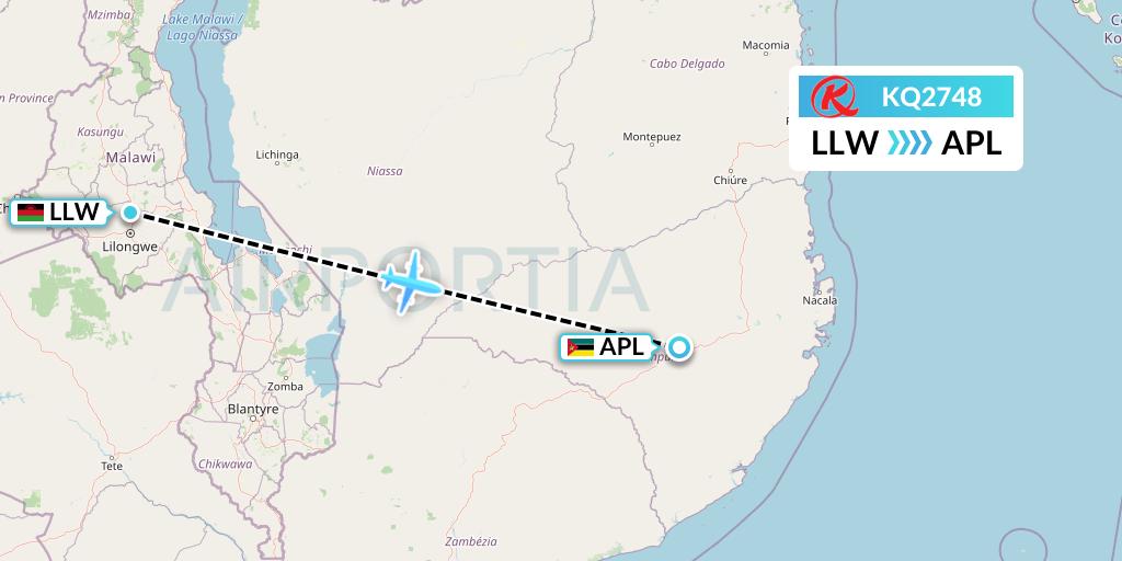 KQ2748 Kenya Airways Flight Map: Lilongwe to Nampula